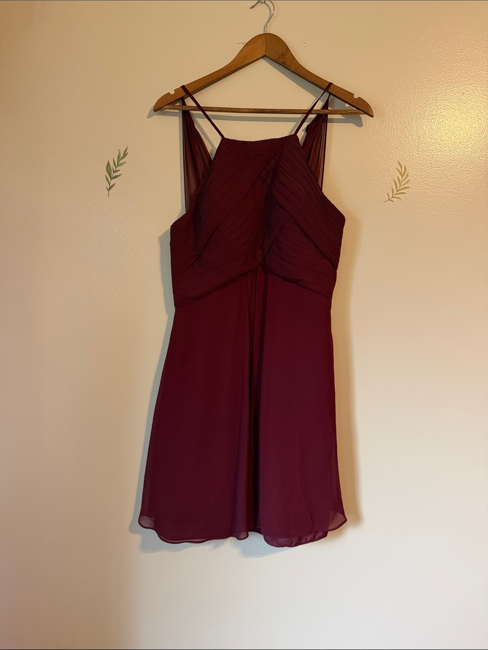 Chiffon Burgundy Mini Dress with Pleated Bodice Size 6